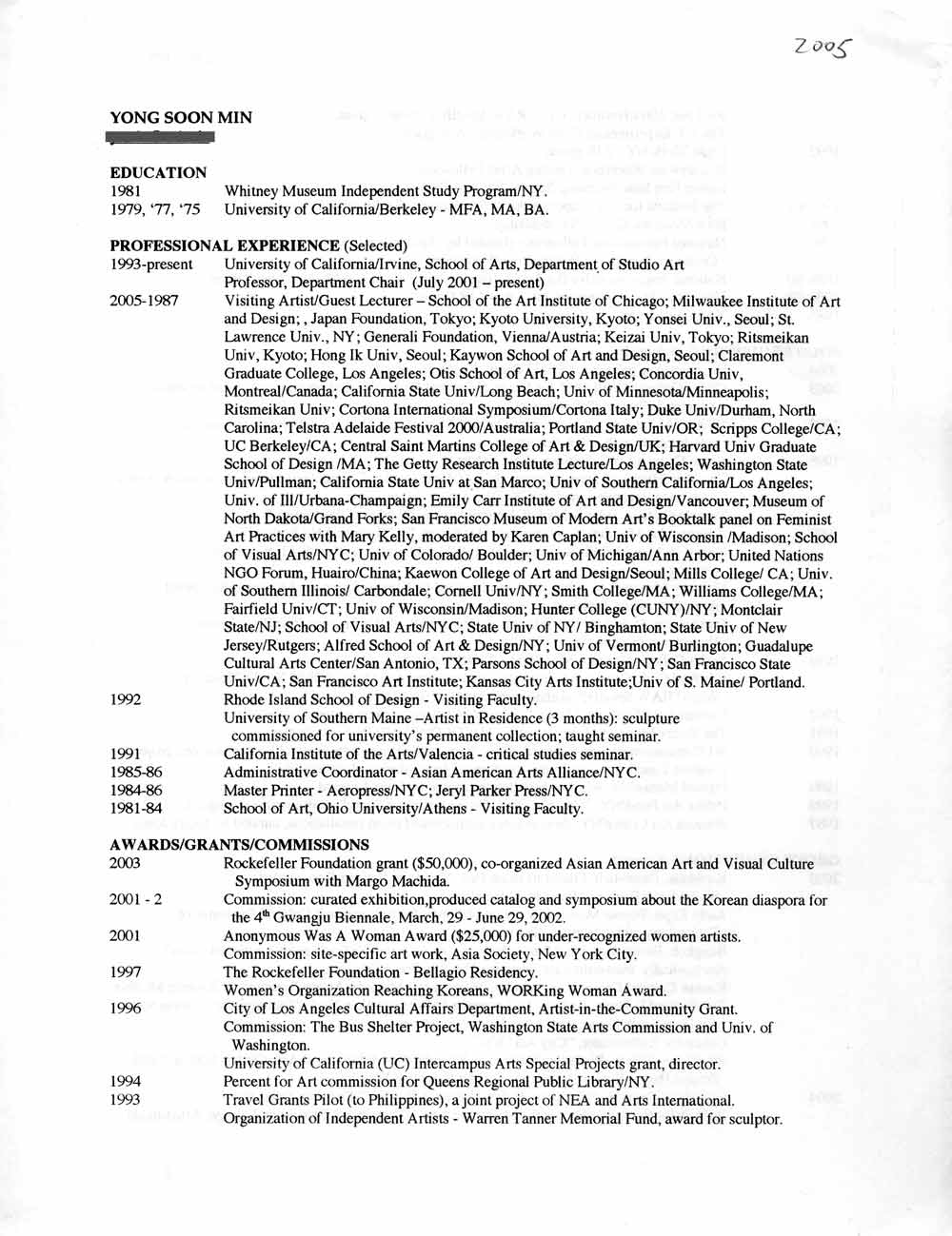 Yong Soon Min's Resume, pg 1